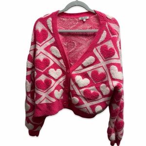 Chic Heart Pattern Cardigan in Pink and white